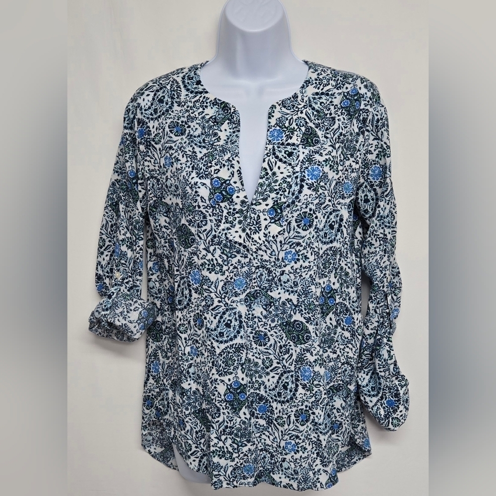 Ann Taylor XS Ling Adjustable Sleeve Top Floral 100% Cotton Business Casual